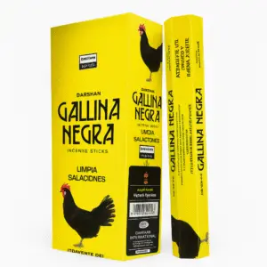 Darshan Gallina Negra incense sticks packaging in bright yellow with black hen design.