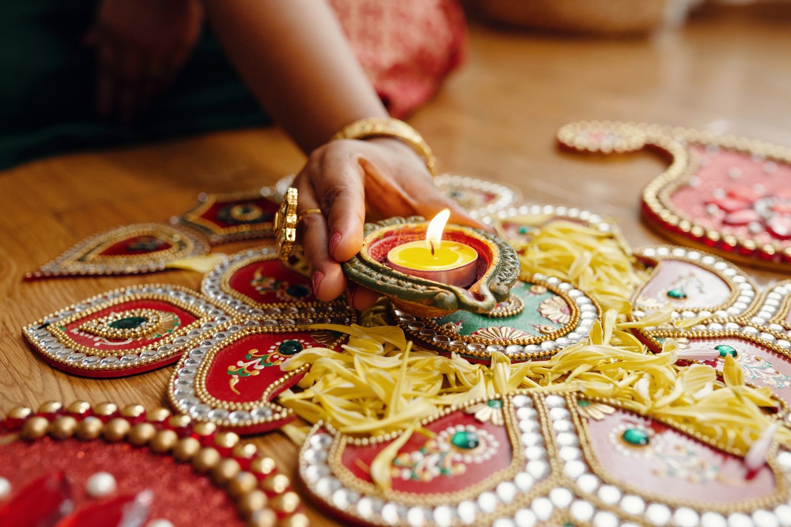 Celebrating Diwali with Traditional Oil Lamps and Rangoli