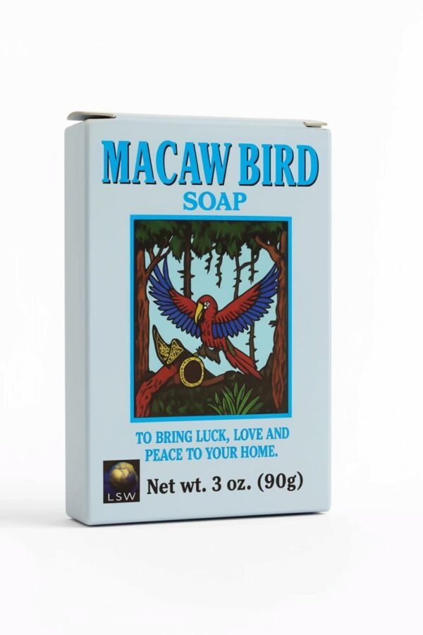 Macaw Bird Soap box featuring a colorful macaw illustration and text stating it brings luck, love, and peace.