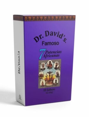 Purple box of Dr. David’s Famoso 7 Potencias Africanas Soap featuring images representing the Seven African Powers.