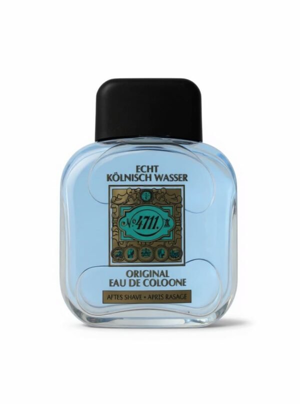 Bottle of 4711 Original Eau de Cologne after shave splash with blue liquid and black cap.