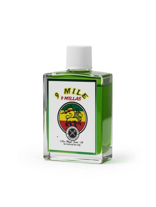 Bottle of 9 Mile Jamaican herbal healing oil with green liquid in a clear square glass bottle.
