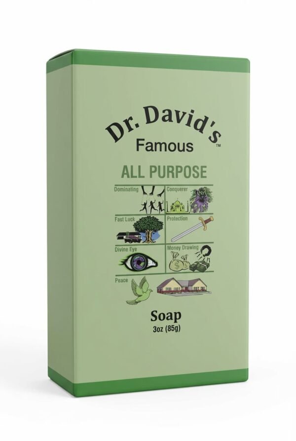Box of Dr. David’s Famous All Purpose Soap with symbols for luck, protection, money, peace, and spiritual intentions.