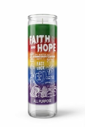 Faith and Hope multicolor all-purpose 7-day candle with spiritual symbols for luck, love, success, health, and prosperity.