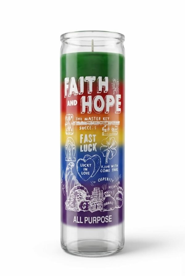 Faith and Hope All Purpose Candle β Fast Luck & Prosperity (7-Day Spiritual Candle) Faith and Hope multicolor all-purpose 7-day candle with spiritual symbols for luck, love, success, health, and prosperity.