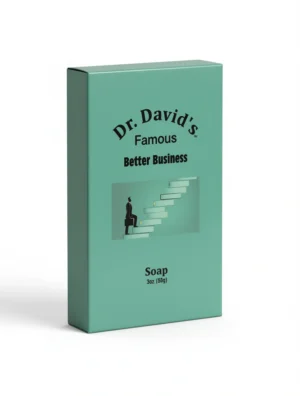 Box of Dr. David’s Famous Better Business Soap featuring a businessman climbing stairs toward success.