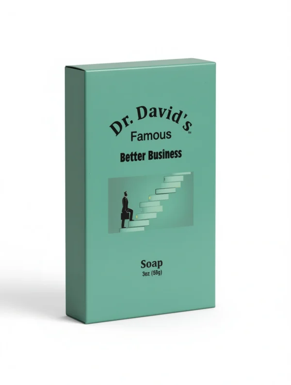 Box of Dr. David’s Famous Better Business Soap featuring a businessman climbing stairs toward success.
