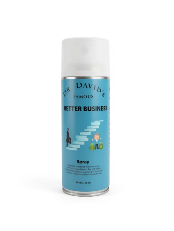 A blue can of Dr. David’s Famous Better Business Spray with business-themed graphics and success imagery.