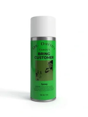 Green can of Dr. David’s Famous Bring Customer Spray designed for attracting customers and boosting business energy.