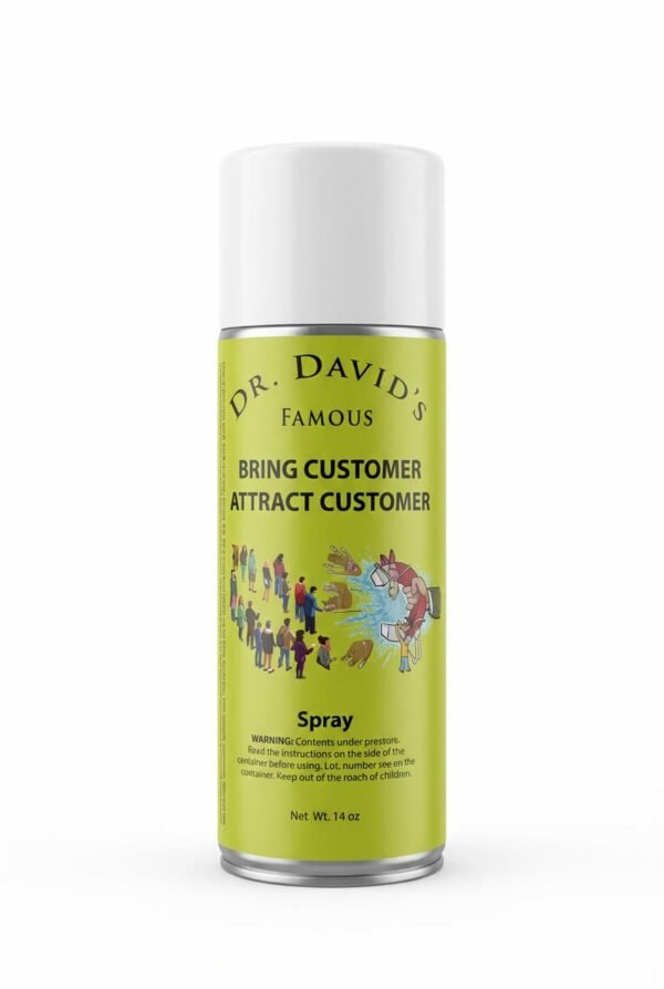 A can of Dr. David’s Famous Bring Customer / Attract Customer Spray with illustrations of crowds and business imagery.