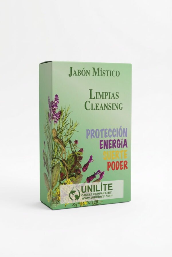 Box of Jabón Místico Limpias Cleansing Soap with herbal artwork and words protection, energy, luck, and power.