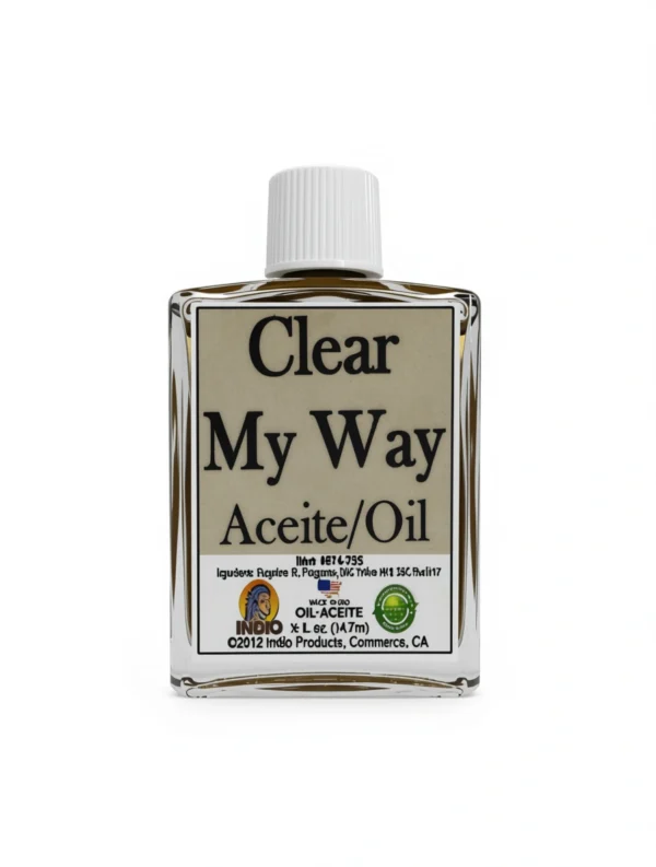 A bottle of Clear My Way Oil labeled for path-clearing and road-opening spiritual use.