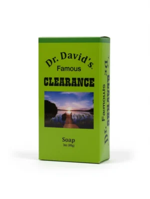 Dr. David’s Famous Clearance Soap box in green packaging with calming lake sunset image