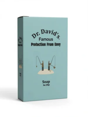 Box of Dr. David’s Famous Protection From Envy Soap with minimalist illustration and blue-green packaging.