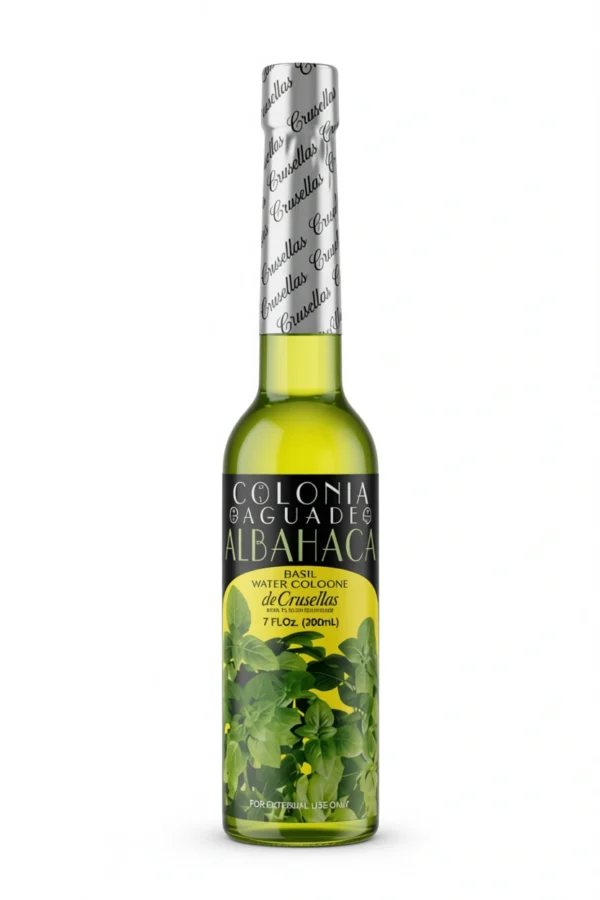 Bottle of Crusellas Colonia Agua de Albahaca Basil Water Cologne with green liquid and basil leaf label.