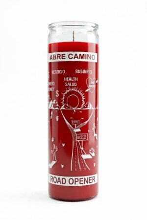 Red Abre Camino Road Opener 7-day candle in glass jar with symbols for money, health, love, and success.