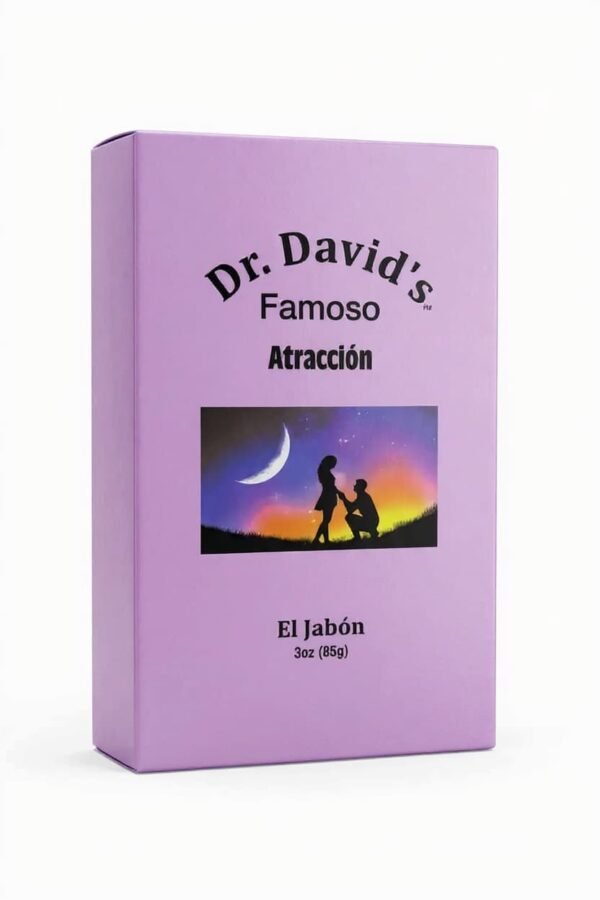 Dr. David’s Famoso Atracción Soap – Love Attraction Bar (3oz) Purple box of Dr. David’s Famoso Atracción Soap featuring a romantic silhouette design under a crescent moon.
